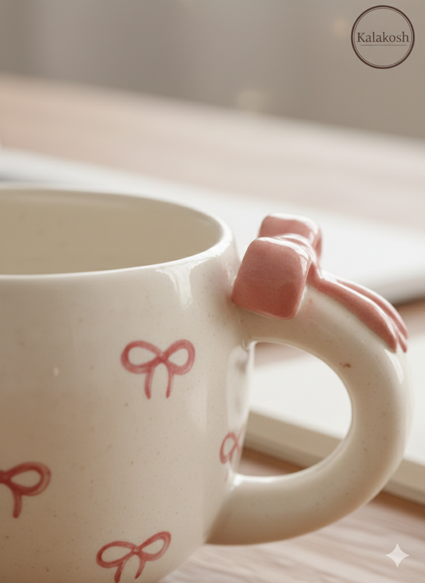 Premium Handcrafted Ceramic Tea and Coffee Cup Set of 2 | 3D Bow Handle Coquette Aesthetic Mug for Home Decor, Office Use & Gifting | Elegant White & Pink Home Decor Vase Style Cup (300ml)