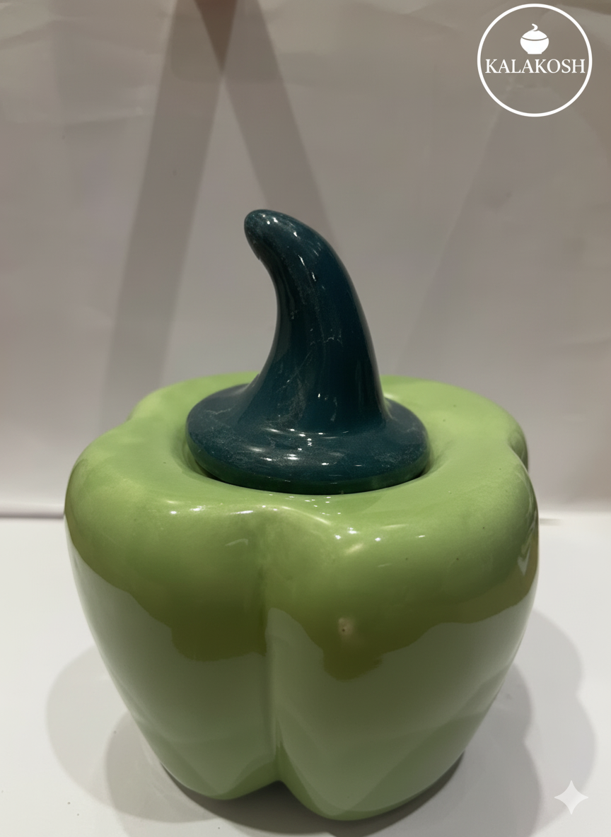 Premium Green Ceramic Pickle Jar Container with Lid | Unique Bell Pepper Shape | Multipurpose Kitchen Storage, Home Decor Vase, Office Use, Home Use | Ideal Gifting