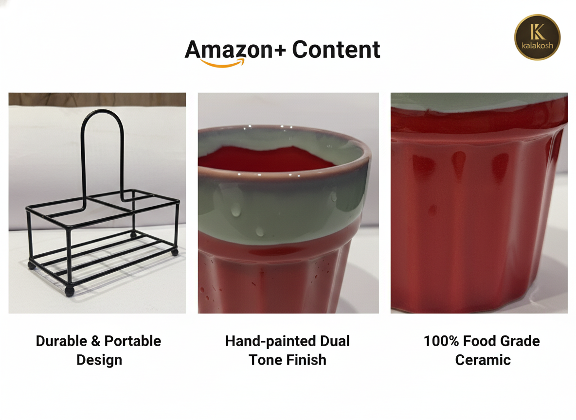 Premium Ceramic Tea and Coffee Cup Set of 2 with Iron Carrier Stand | Handcrafted Red & Grey Ombre Kulhad Set for Home Decor, Office & Gifting | Elegant Microwave Safe Morning Cutting Chai Cups