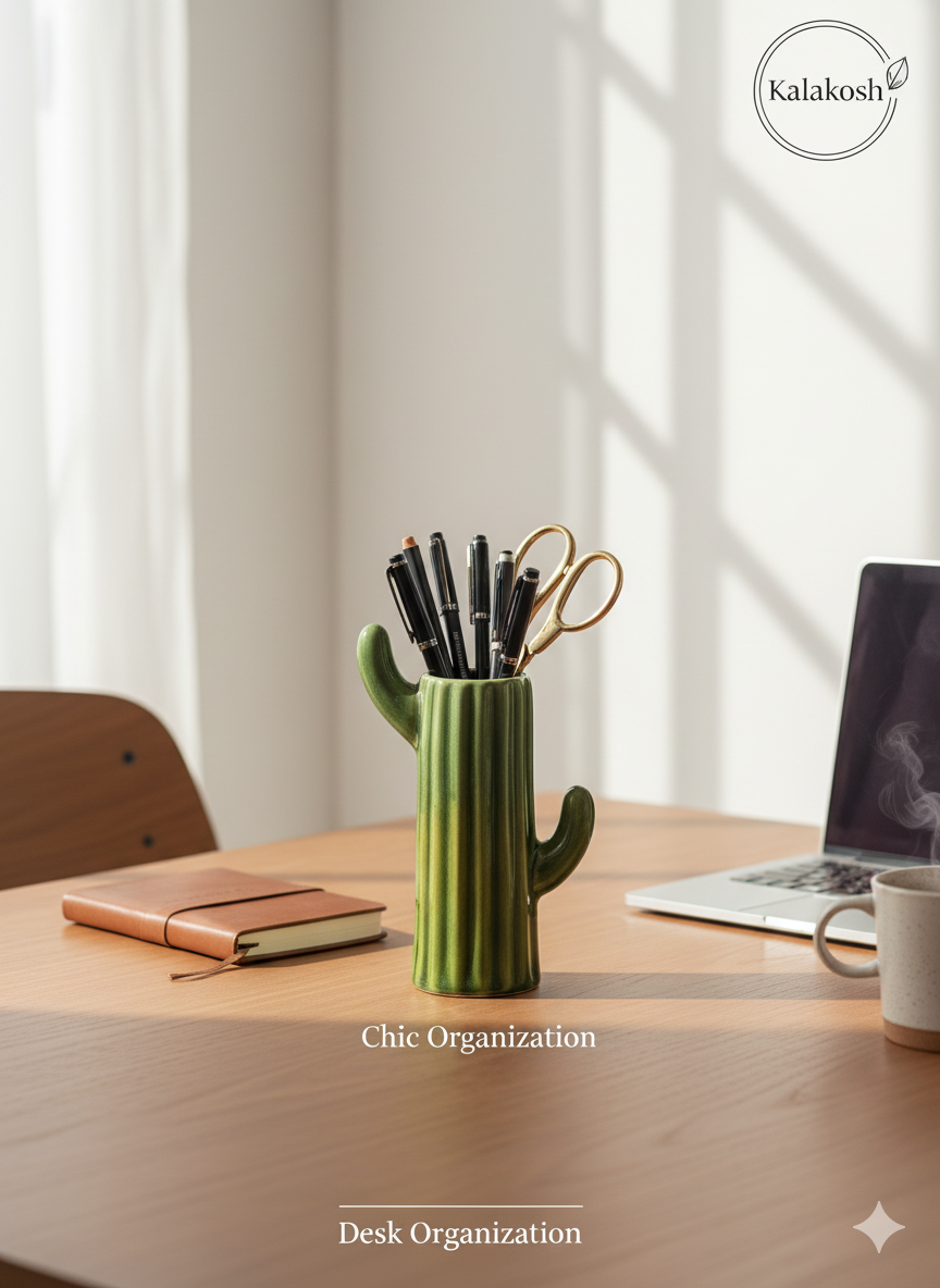 Handcrafted Ceramic Cactus Planter & Pen Holder for Desk, Home & Office Décor | Eco-Friendly Clay Pot & Stationary Organizer | Rustic Table Décor Gift