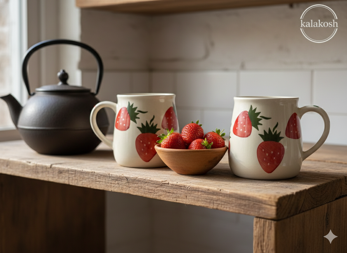 Hand-Painted Strawberry Ceramic Mug Set | Tea Coffee Milk Office Home Decor Use | Artistic Clay Stoneware Kitchen Home Use Gift for Her Him