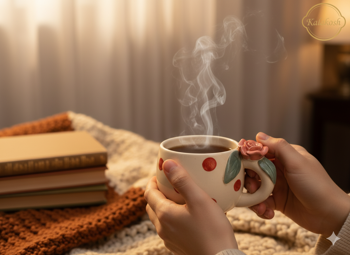 Charming Polka Dot Ceramic Coffee/Tea Mug with 3D Rose Handle | Unique Home Decor, Office Use & Gifting | Premium Stoneware Cup