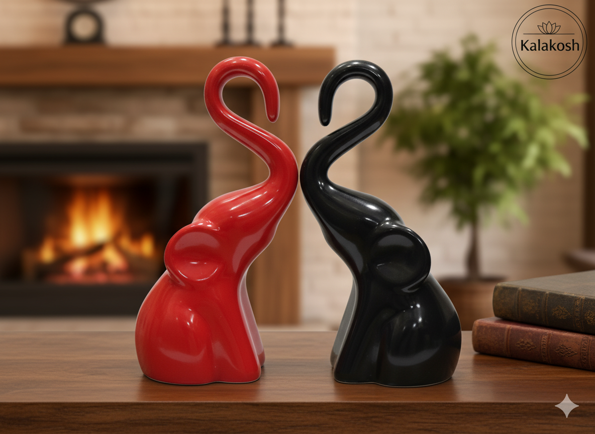 Artisanal Ceramic Elephant Planters Pair | Rustic Home Decor & Office Table Showpiece | Eco-Friendly Clay Figurine for Gifting | Black & Red