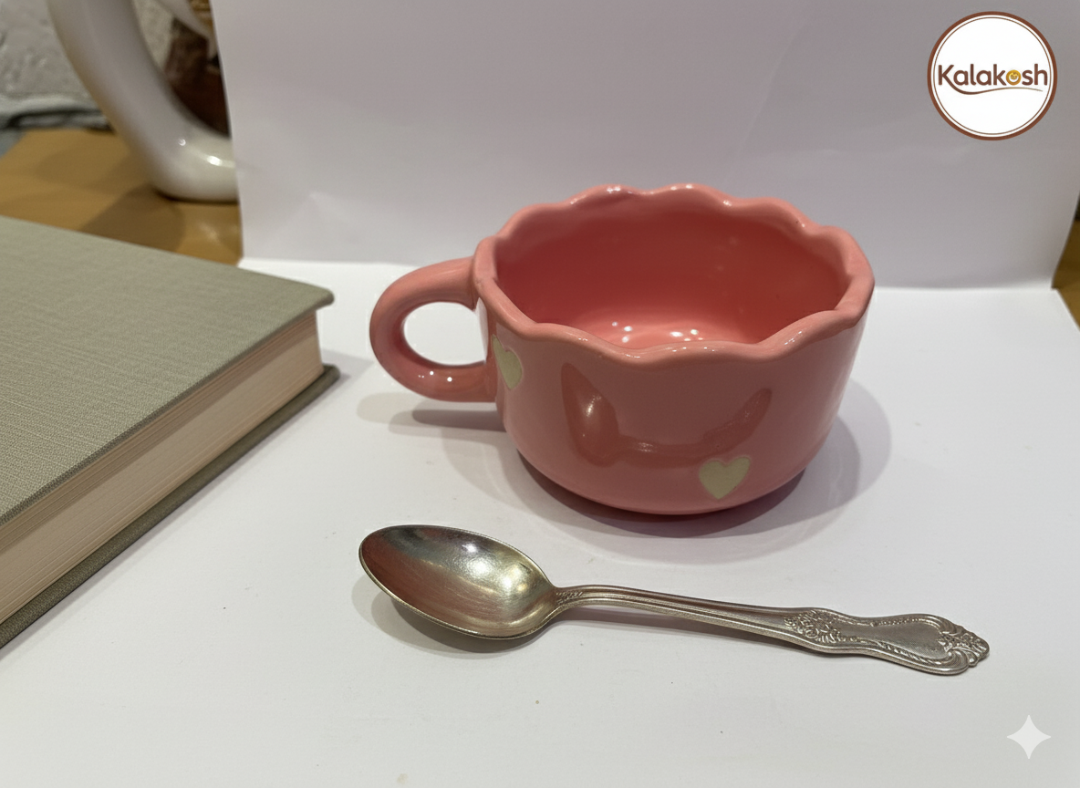 Handcrafted Pink Ceramic Coffee Mugs (Set of 1) with Heart Design | Eco-Friendly Clay Mugs for Home & Office Use | Rustic Artisanal Tea