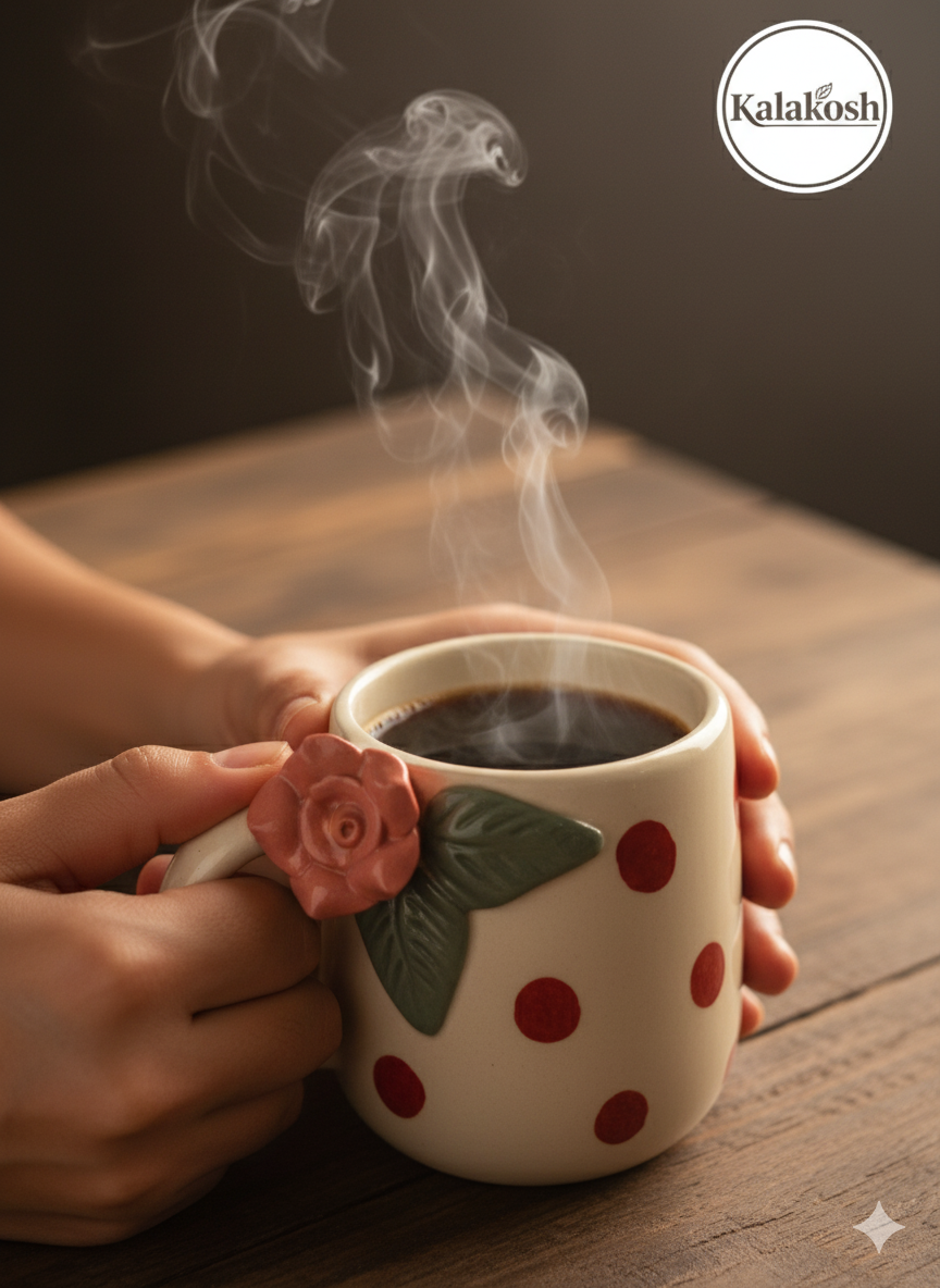 Handmade Ceramic Coffee Tea Mug – Elegant Polka Dot Design with 3D Rose – Ideal Home Decor, Office Use, and Unique Gifting