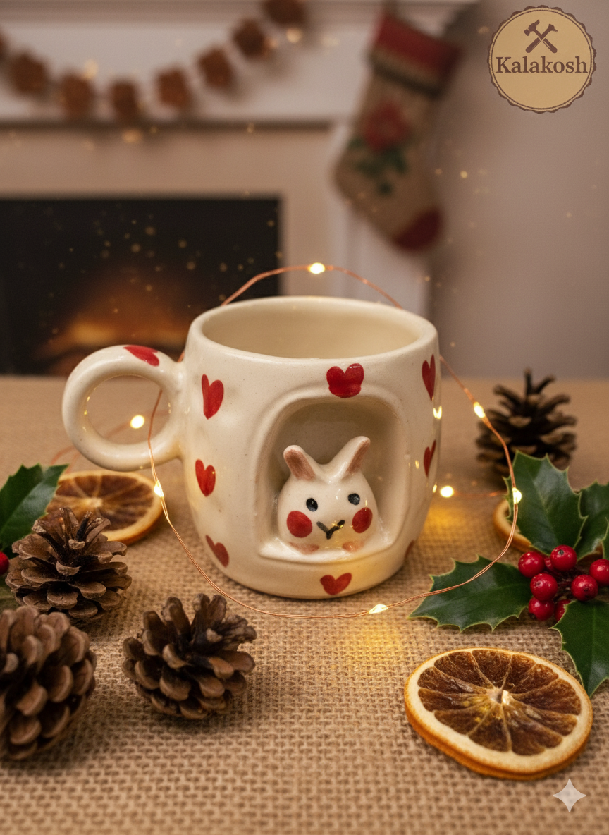 Handcrafted Ceramic Mugs for Home & Office Use | Eco-Friendly Clay Coffee & Tea Mug | Rustic Bunny Heart Design | Artisanal Gift for Loved Ones