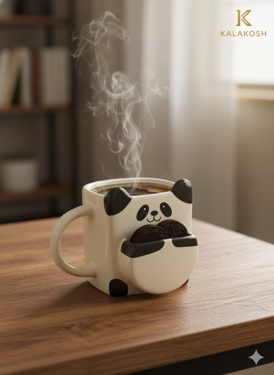 Ceramic Panda Coffee Mug with Biscuit Holder Pocket, Cute Animal Tea Cup for Home Decor & Office Desk Use, Unique Novelty Gift for Kids & Adults, Cookie Dunking Slot