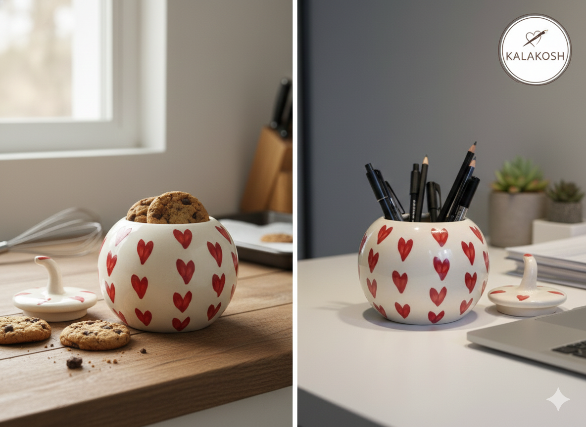Handmade Ceramic Heart Jar/Vase with Lid – Premium Home Decor, Storage Pot for Kitchen, Office, Living Room – Unique Valentine's Day or Wedding Gift