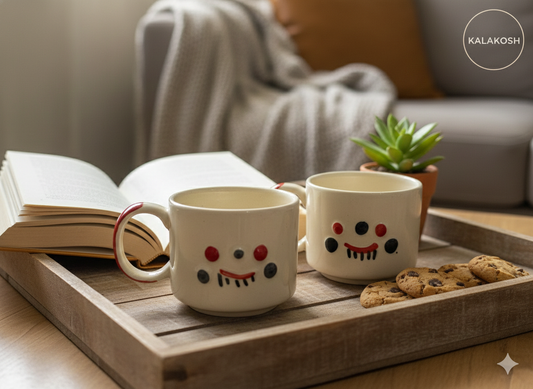 Handmade Ceramic Tea Coffee Mugs Combo (Set of 2) | Cute Happy Face Design | Home Decor, Office Use, Kitchenware Gift Set | Glossy Finish