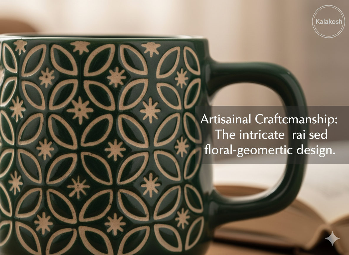 Premium Embossed Ceramic Coffee Mug (400ml) | Dark Green Home Decor Tea Cup | Stylish Office Use & Home Kitchen Beverage Drinkware