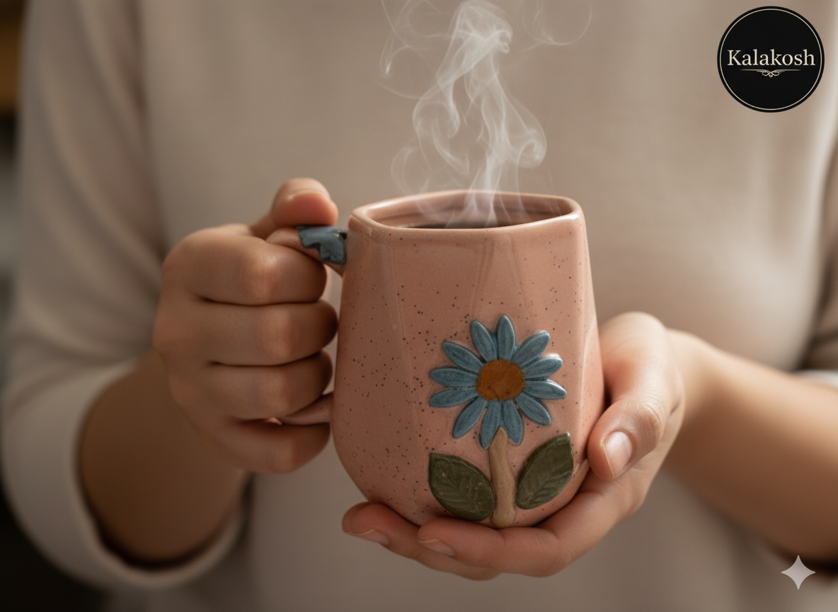Handcrafted Floral Ceramic Coffee Mugs (Set of 2) | Rustic Home Decor & Office Use | Unique Gift for Tea Lovers | Terracotta Style Cups