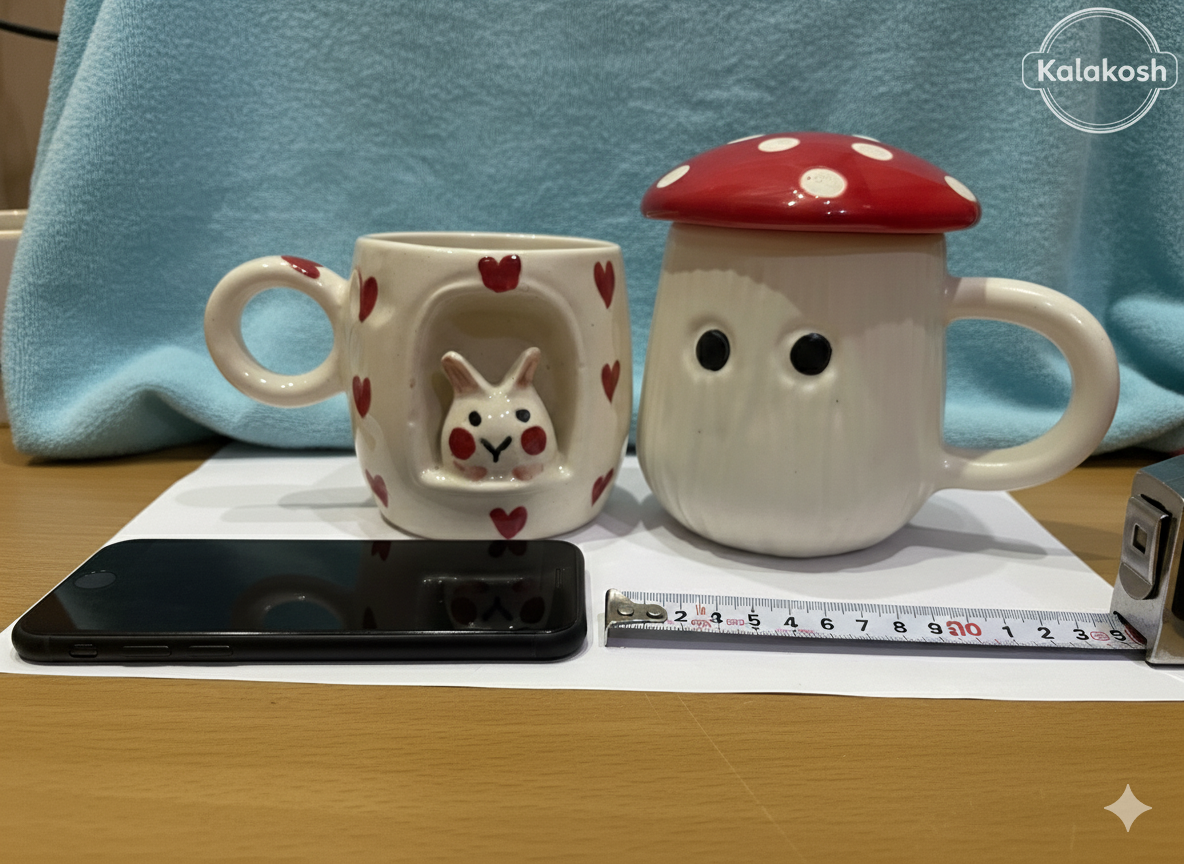 Whimsical Ceramic Coffee/Tea Mug Set Combo - 2 Cute Mugs with Lid | Kawaii Bunny & Mushroom Design | Home Decor, Office Use, Unique Gifting Item