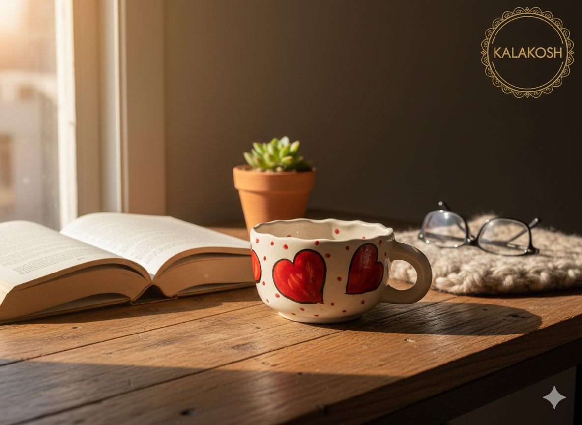 Hand-Painted Ceramic Heart Mug for Coffee Tea | Home Decor Office Use | Unique Terracotta-Style Cup | Best Gift for Lovers & Home Use
