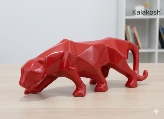 Geometric Panther Statue | Red Glossy Polyresin/Ceramic Showpiece | Modern Luxury Home Decor Accent | Ideal Gifting for Office Desk Living Room