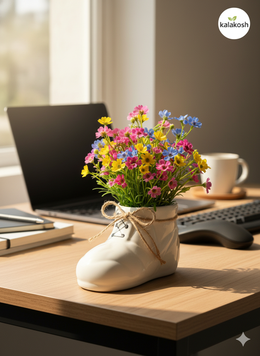 Handcrafted Ceramic Shoe Planter & Pen Holder for Desk | Clay Rustic Home Office Décor | Unique Succulent Flower Pot | Eco-Friendly Gift