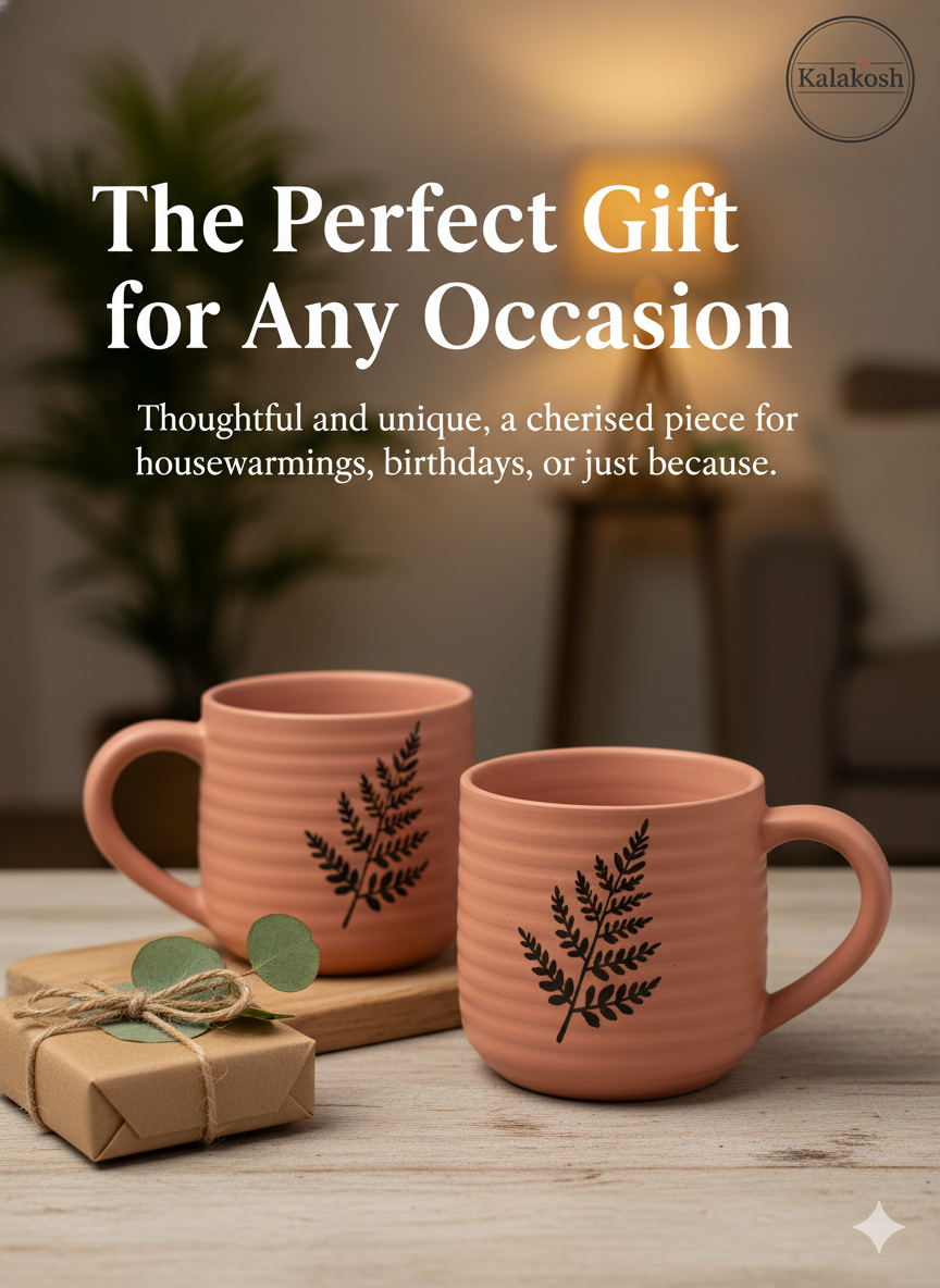 Handcrafted Terracotta Clay Coffee Mug | Pink Aesthetic | Black Fern Leaf Design | Rustic Home Decor & Office Use Tea Cup | Unique Gifting