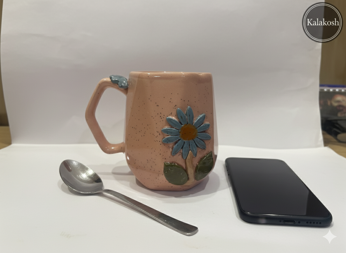 Handmade Speckled Ceramic Coffee Tea Mug | 3D Floral Home Decor Vase Style | Premium Clay Office Use Gift for Women