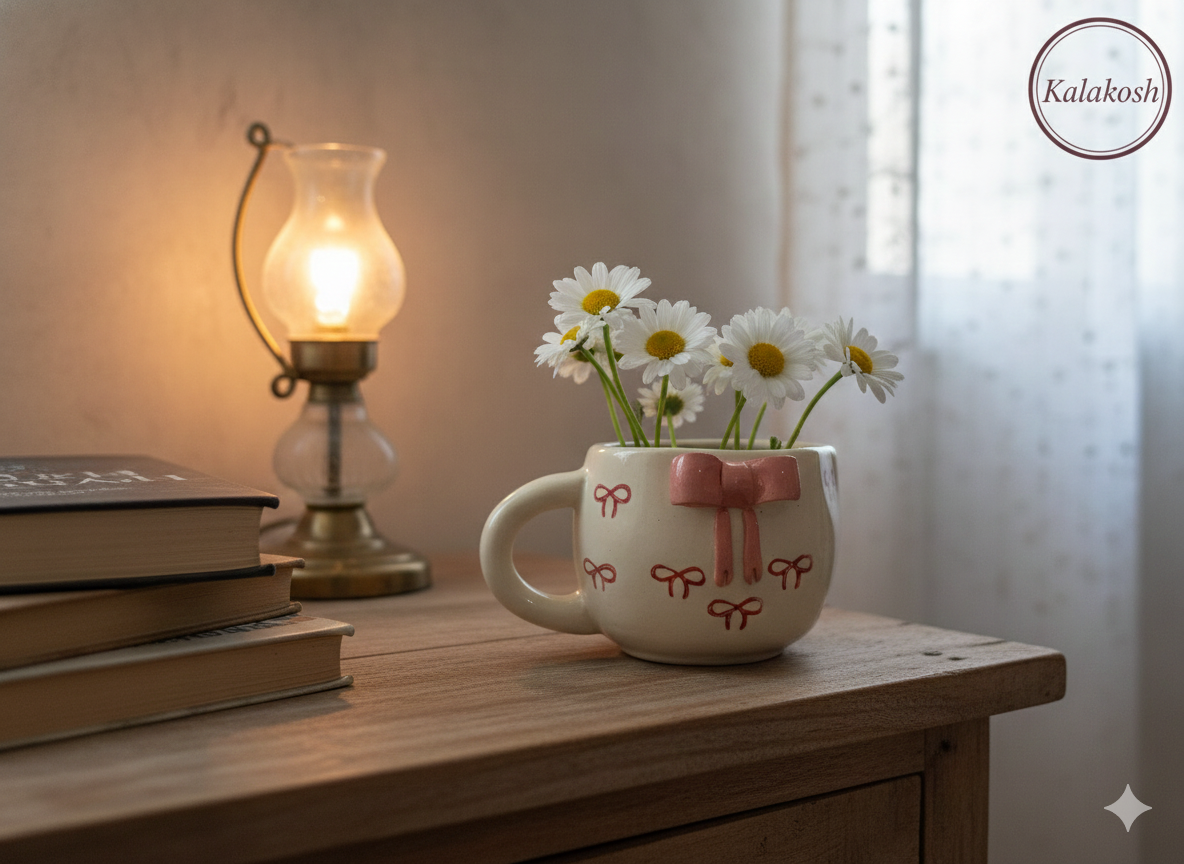 Premium Ceramic Coffee Mug with 3D Pink Bow Design – Aesthetic Tea Cup for Home Decor Vase Use, Office Use & Gifting – Cute Hand-Painted Stoneware Drinkware for Living Room & Kitchen Decor