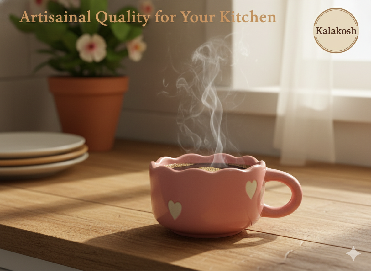 Handcrafted Pink Ceramic Coffee Mugs (Set of 1) with Heart Design | Eco-Friendly Clay Mugs for Home & Office Use | Rustic Artisanal Tea