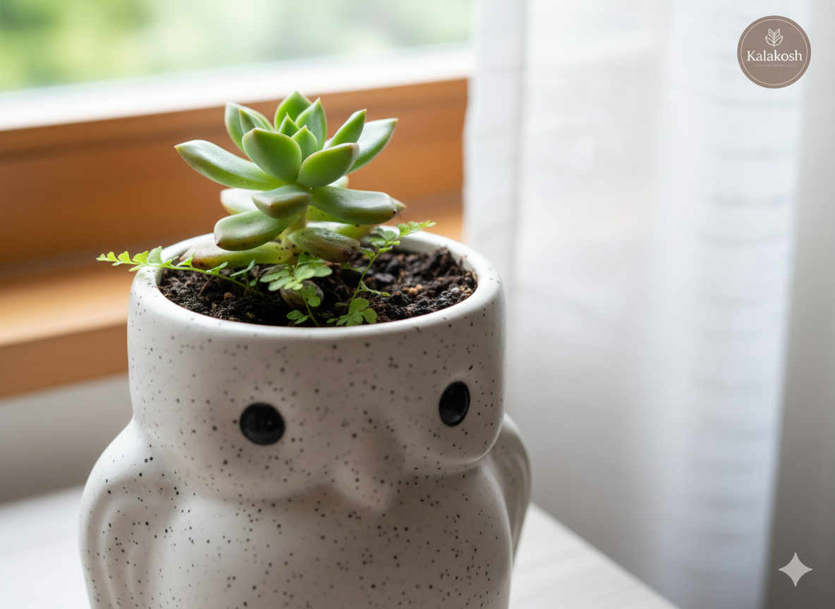 Handcrafted Owl Ceramic Planter & Pen Holder for Desk Décor | Speckled Clay Planters for Home Office | Artisan Eco-Friendly Succulent Pot Gift