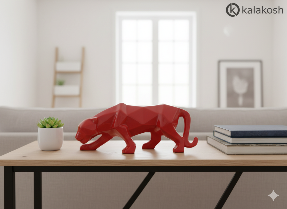 Geometric Panther Statue | Red Glossy Polyresin/Ceramic Showpiece | Modern Luxury Home Decor Accent | Ideal Gifting for Office Desk Living Room