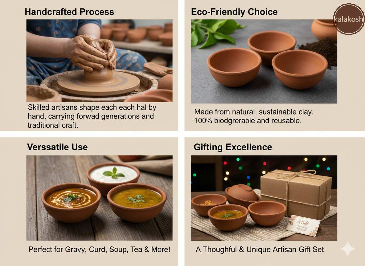 Authentic Handcrafted Terracotta Bowls (Set of 6) - Natural Earthen Clay Serve ware for Curd, Dessert, & Traditional Dining