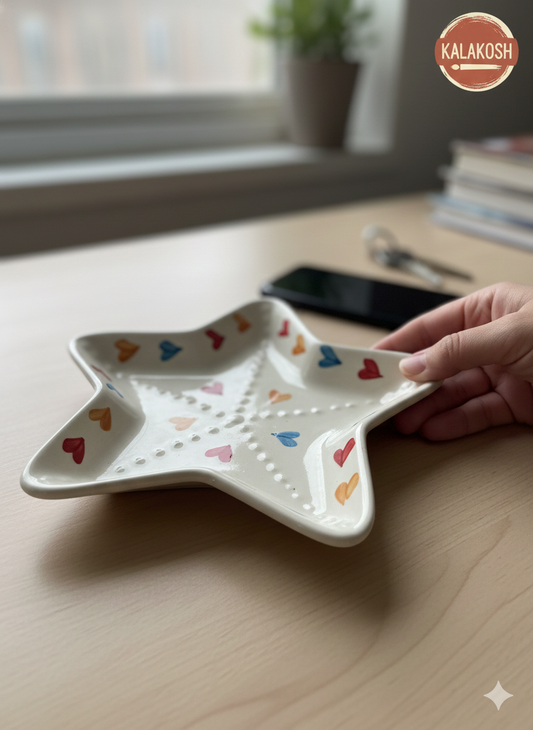 Premium Star-Shaped Ceramic Plate with Hand-Painted Heart Motifs - Versatile Tray for Home Decor, Office Desk Organizer & Gifting - Decorative Glossy Ceramic Dish for Home Use & Modern Interiors