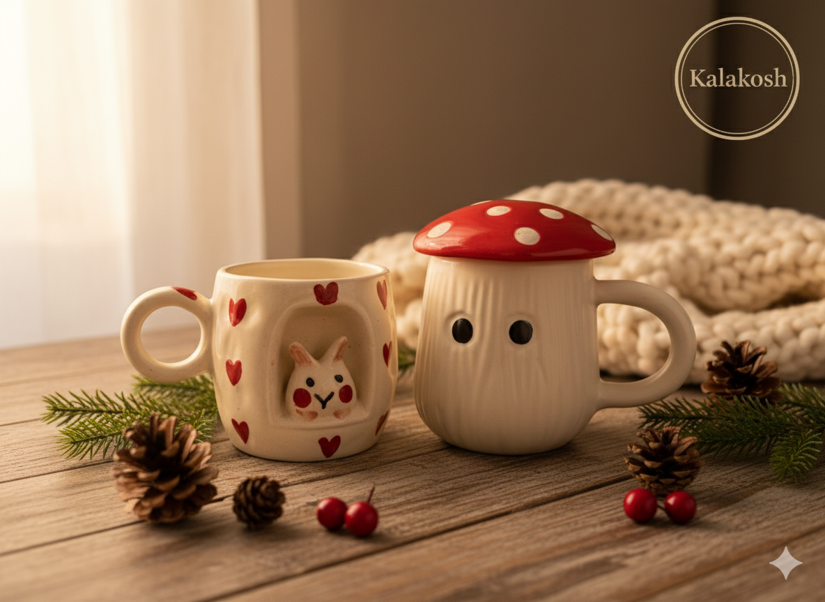 Whimsical Ceramic Coffee/Tea Mug Set Combo - 2 Cute Mugs with Lid | Kawaii Bunny & Mushroom Design | Home Decor, Office Use, Unique Gifting Item