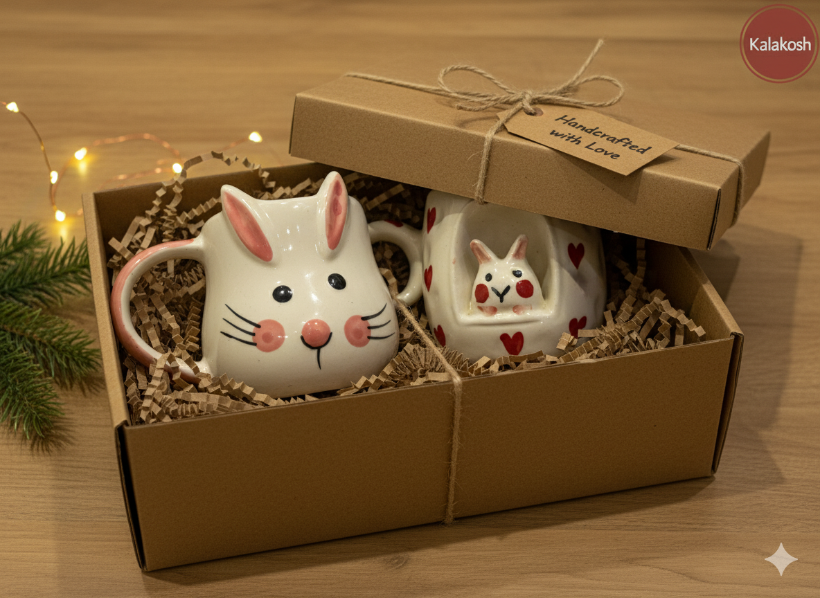 Kawaii Ceramic Coffee Mug Set for Home Decor, Office Use, & Gifting | Cute Bunny & Mushroom Tea Cups Combo | Premium Aesthetic Home Use