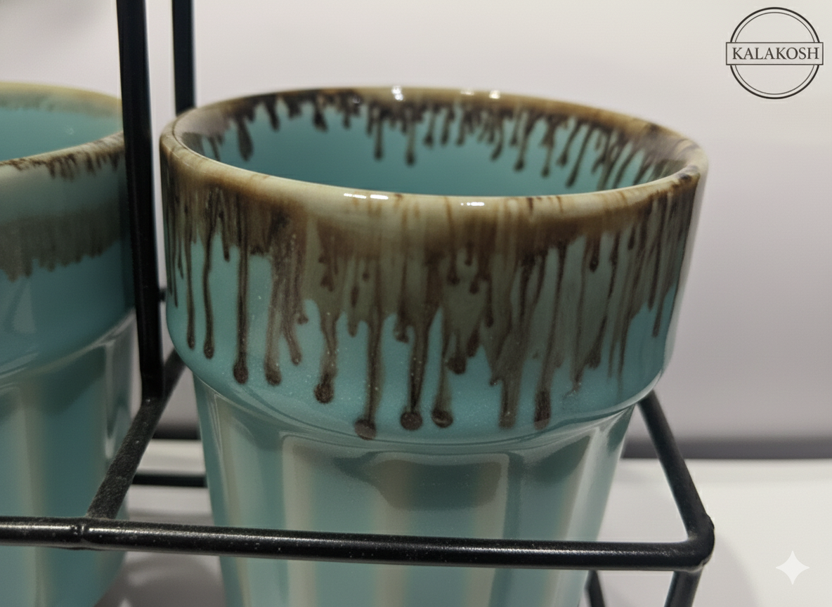 Premium Ceramic Tea & Coffee Cup Set of 2 with Metal Stand - Elegant Turquoise Drip Glaze Home Decor Cups for Kitchen, Office Use, and Gift - Handmade Studio Pottery Home Decor Vase Style Mugs