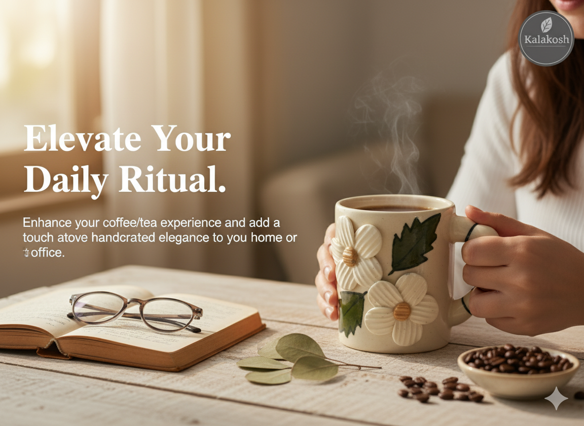 Handcrafted Ceramic Coffee Tea Mug – Home Decor, Office Use, Unique Clay Earthenware, Floral & Leaf Design – Premium Gifting