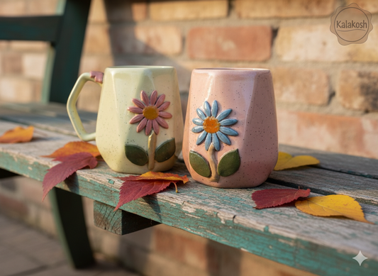 Handcrafted Floral Ceramic Coffee Mugs (Set of 2) | Rustic Home Decor & Office Use | Unique Gift for Tea Lovers | Terracotta Style Cups