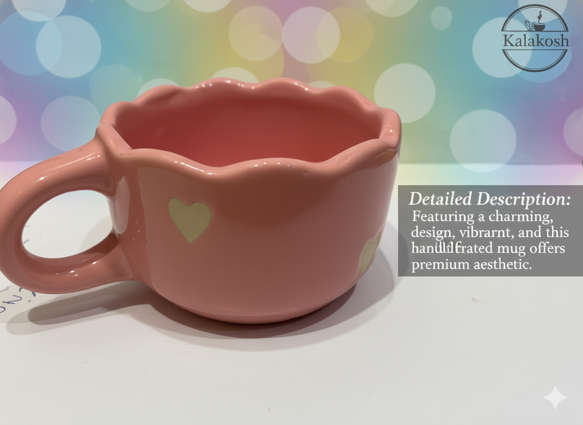 Handcrafted Pink Ceramic Coffee Mugs (Set of 1) with Heart Design | Eco-Friendly Clay Mugs for Home & Office Use | Rustic Artisanal Tea