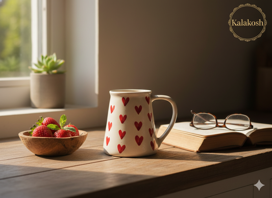 Handmade Ceramic Coffee Tea Mug – Home Decor Vase & Office Use Cup – Premium Earthenware with Red Hearts Pattern – Perfect Gift for Women & Valentine's Day