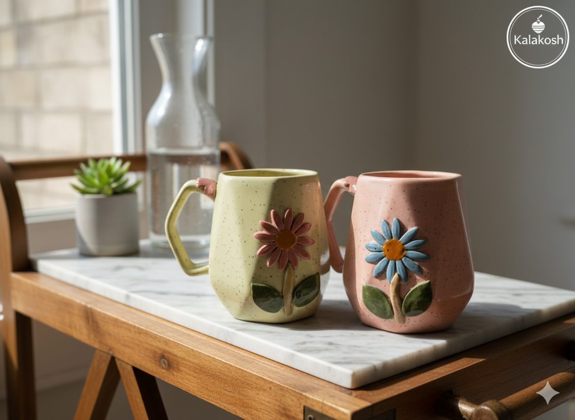 Handcrafted Floral Ceramic Coffee Mugs (Set of 2) | Rustic Home Decor & Office Use | Unique Gift for Tea Lovers | Terracotta Style Cups