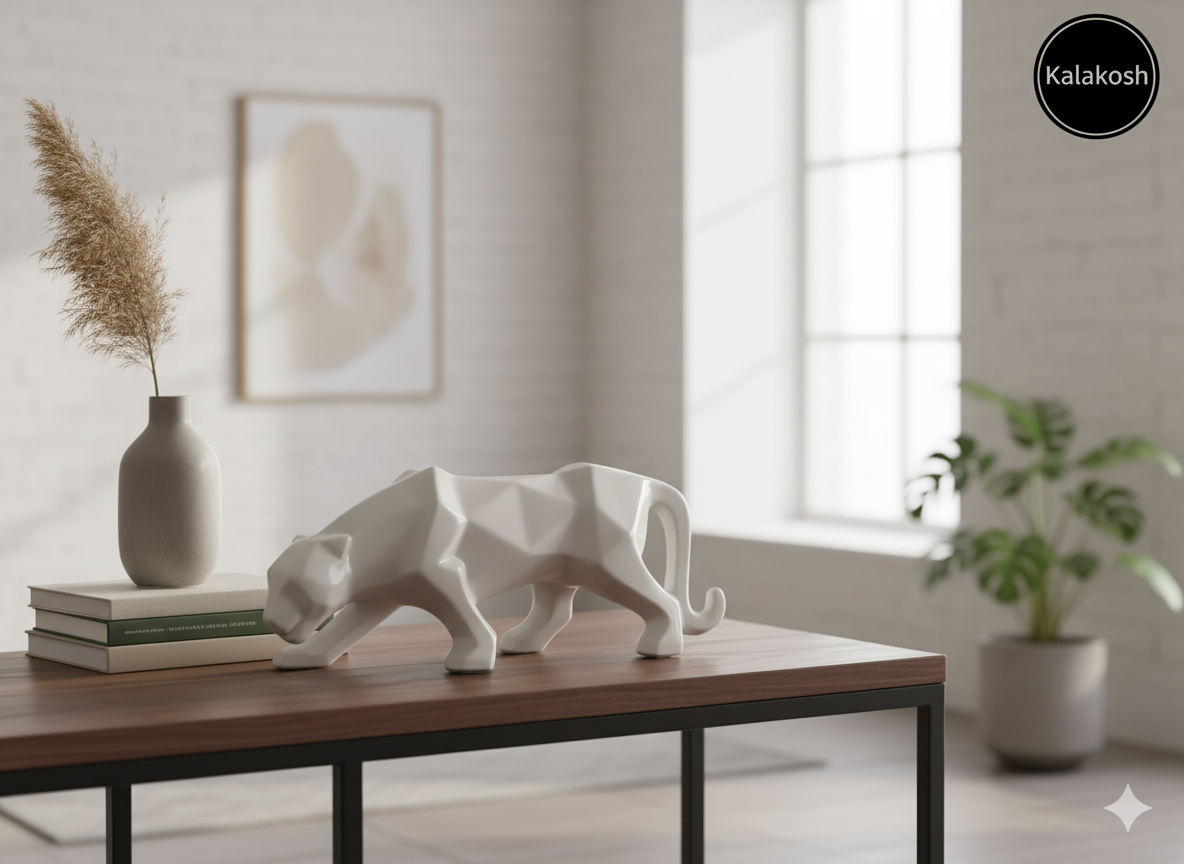 Geometric Panther Showpiece for Modern Home Decor | Ceramic/Polyresin Abstract Animal Sculpture | White Living Room Tabletop Art & Luxury Gift