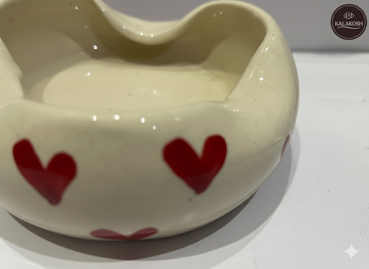 Premium Heart Printed Ceramic Ashtray for Home Decor | Speckled Ivory Glazed Accent Piece | Home & Office Use | Unique Gifting Vase