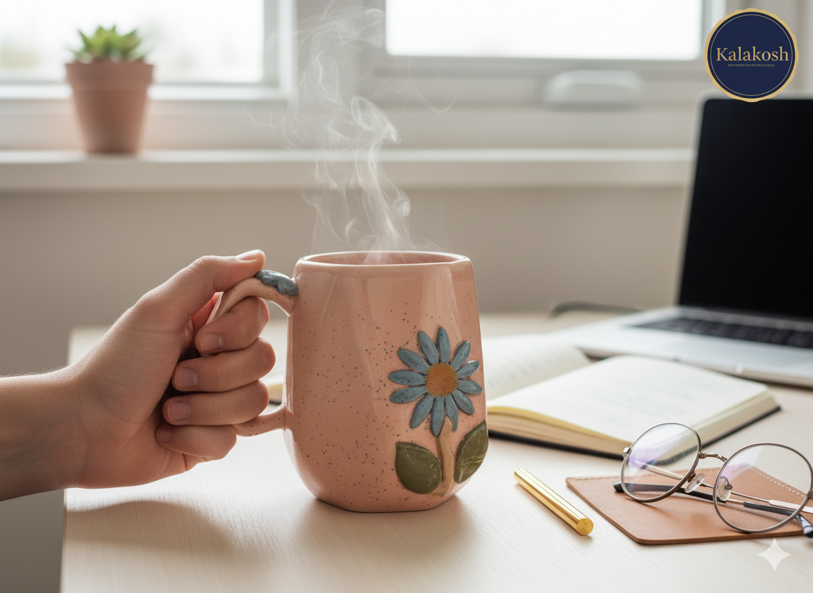Handmade Speckled Ceramic Coffee Tea Mug | 3D Floral Home Decor Vase Style | Premium Clay Office Use Gift for Women
