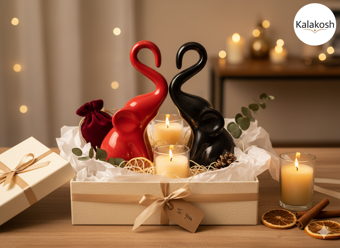 Artisanal Ceramic Elephant Planters Pair | Rustic Home Decor & Office Table Showpiece | Eco-Friendly Clay Figurine for Gifting | Black & Red