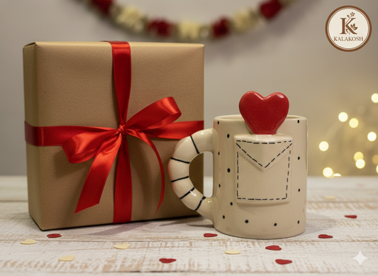 Kalakosh Handcrafted Ceramic Coffee Mug with Heart-in-Pocket Design – 350ml Premium Tea Cup for Home Decor, Office Use & Gifting – Aesthetic Studio Pottery Drinkware for Home Use (Cream & Red)