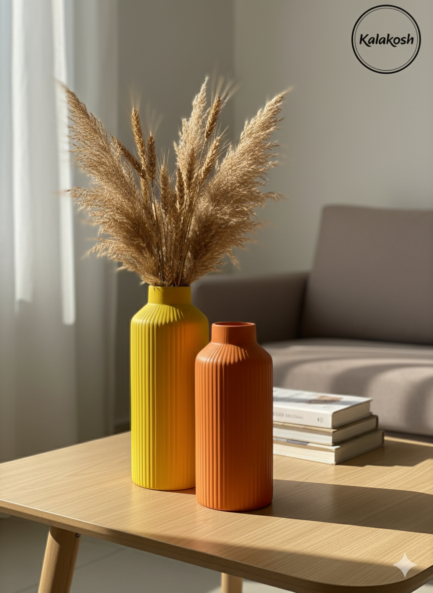Premium Bottle Shape Home Decor Vase Combo | Yellow & Orange Ribbed Clay Vases for Living Room Table Decor, Home & Office Use, Aesthetic Gifting
