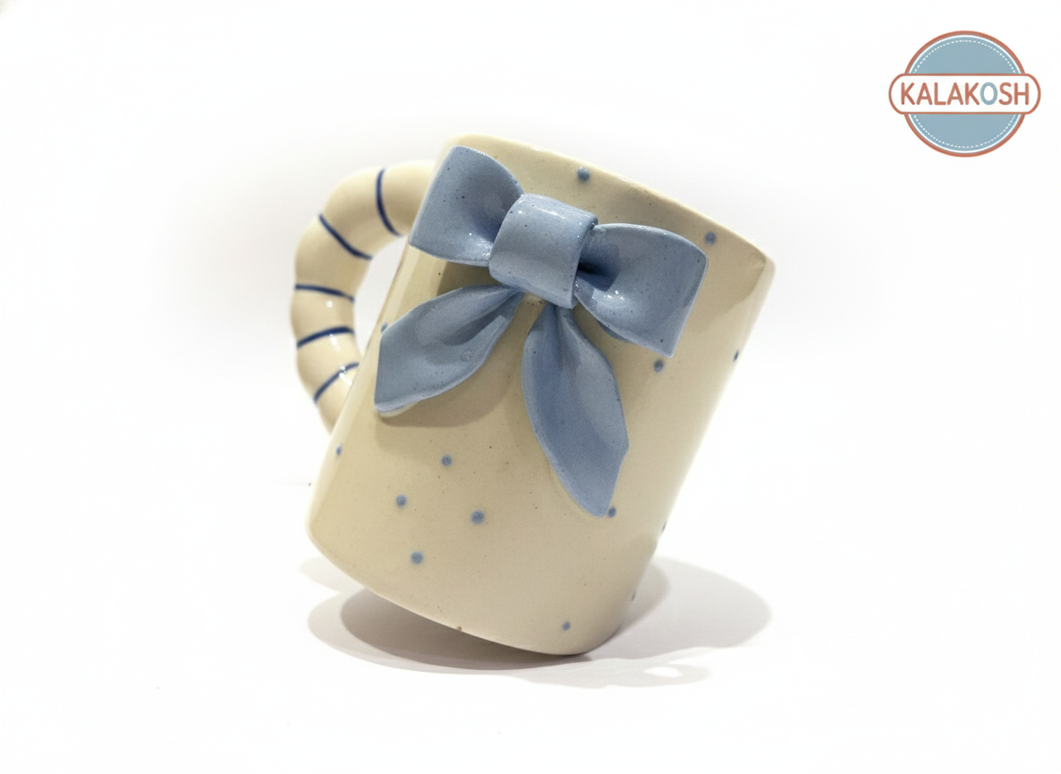 Handmade Ceramic Coffee Mug with 3D Blue Bow & Sculpted Handle – Premium Home Decor Aesthetic Tea Cup for Office & Home Use – Unique Birthday Gift for Women & Girls – 350ml Blue & Cream