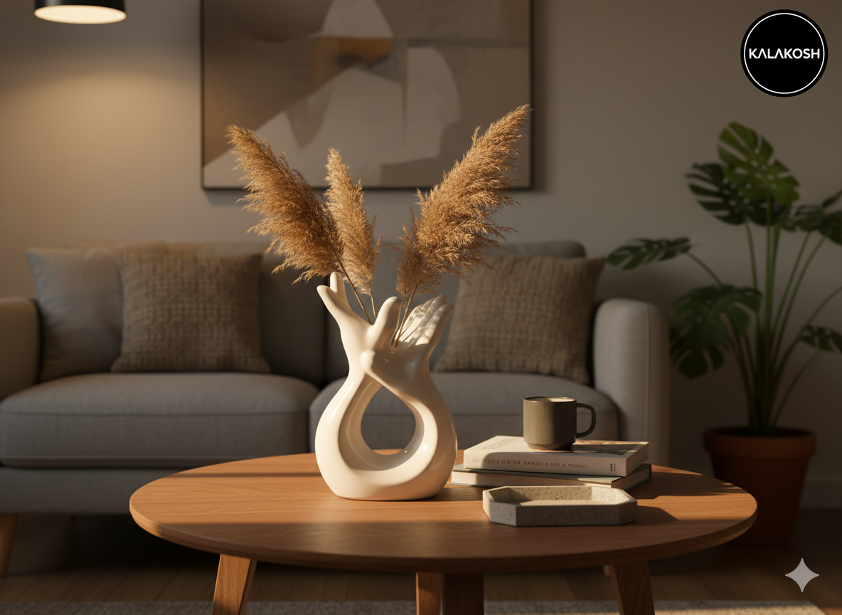 Modern Hand Sculpture Home Decor Vase | Glossy White Ceramic for Flowers, Office Use, Home Use, Table Centerpiece | Unique Artistic Gift