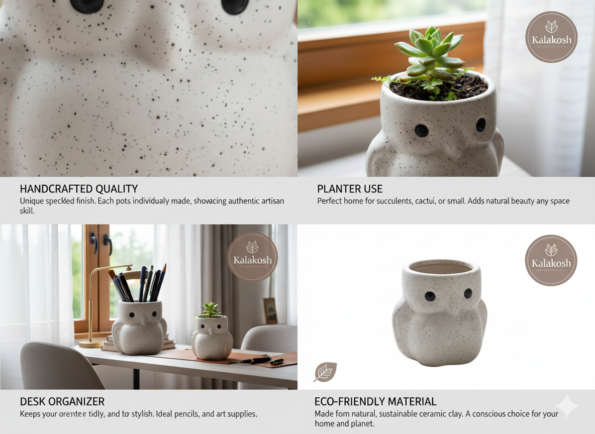 Handcrafted Owl Ceramic Planter & Pen Holder for Desk Décor | Speckled Clay Planters for Home Office | Artisan Eco-Friendly Succulent Pot Gift