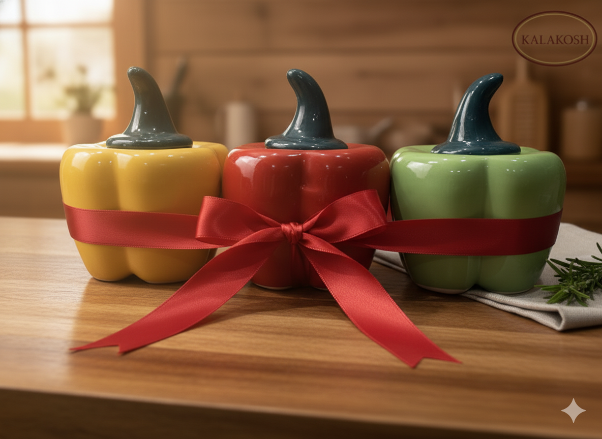 Premium Ceramic Pickle Jar Container Set of 3 | Bell Pepper Design | Home Décor Vase for Kitchen & Dining | Office Use Storage | Multipurpose Home Use Set