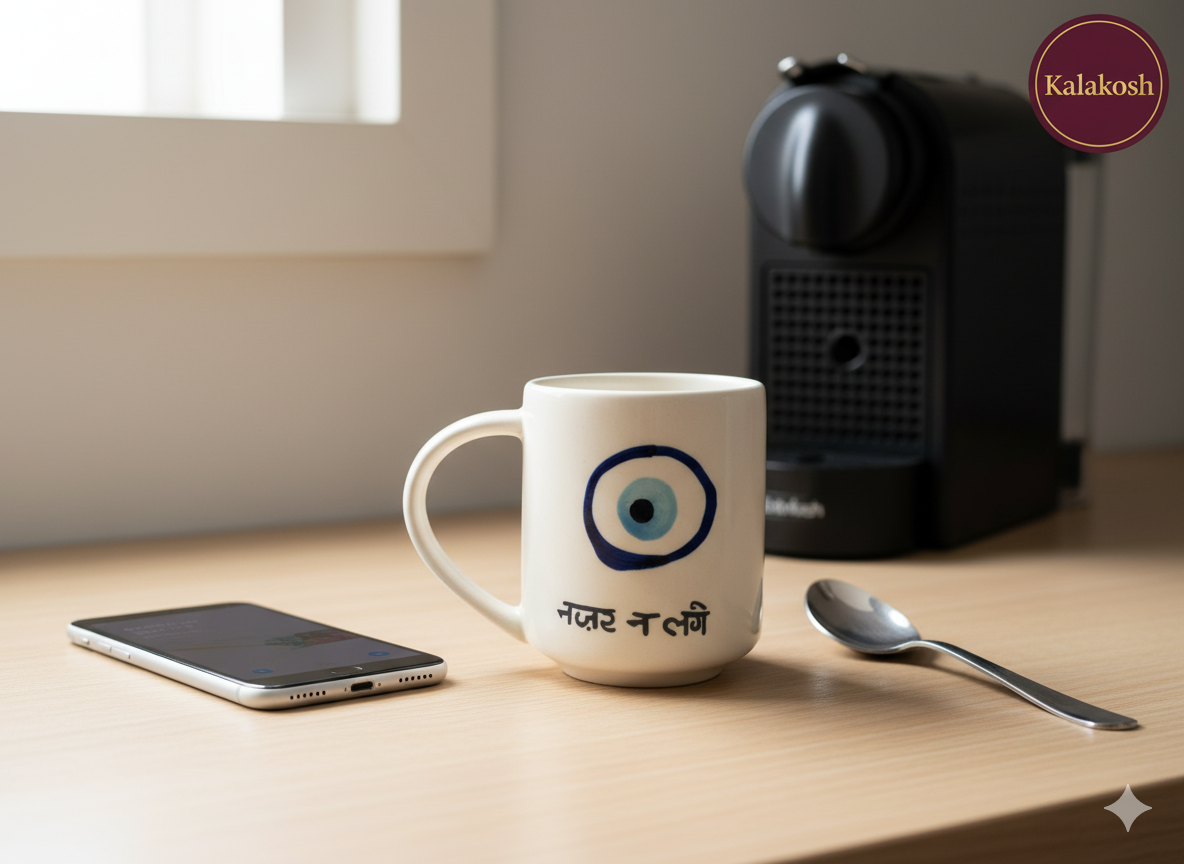 Evil Eye Mug for Coffee Tea | "Nazar Na Lage" Hindi Text | Premium Ceramic Home Decor | Unique Gift for Office & Home Use | Anti-Evil Eye Protection