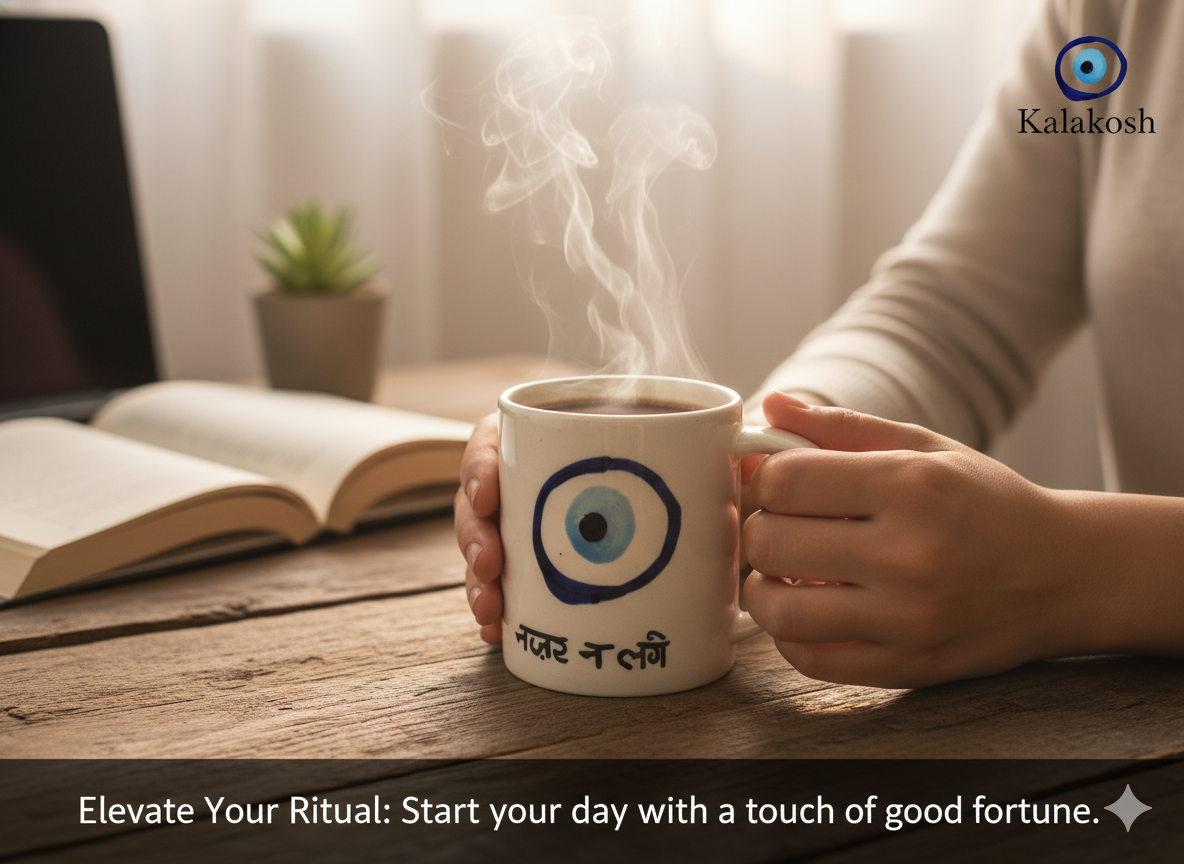 Evil Eye Mug for Coffee Tea | "Nazar Na Lage" Hindi Text | Premium Ceramic Home Decor | Unique Gift for Office & Home Use | Anti-Evil Eye Protection