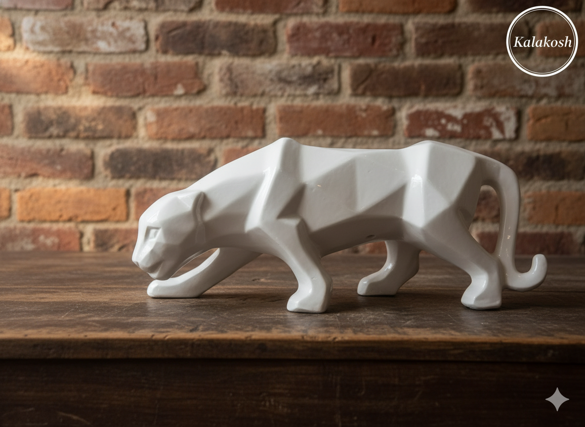 Geometric Panther Showpiece for Modern Home Decor | Ceramic/Polyresin Abstract Animal Sculpture | White Living Room Tabletop Art & Luxury Gift