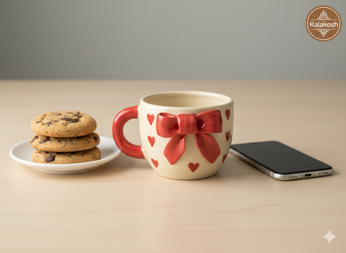 Handcrafted Ceramic Coffee/Tea Mug | Adorable Red Heart & Bow Design | Home Decor, Office Use | Premium Aesthetic Gift for Her/Him