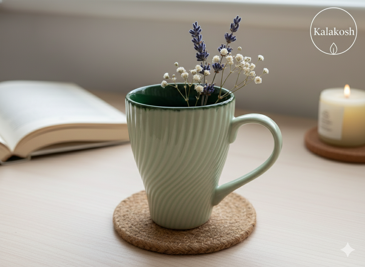 Premium Ceramic Coffee Mug for Home and Office Use - 350ml Fluted Tea Cup for Kitchen & Dining - Aesthetic Drinkware for Hot Beverages - Elegant Home Decor Gift Item (Sage & Forest Green)